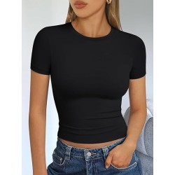 Womens Short Sleeve T Shirts - Buttery Soft Summer Crop Tops Slim Fit Y2k Basic Tees for Workout